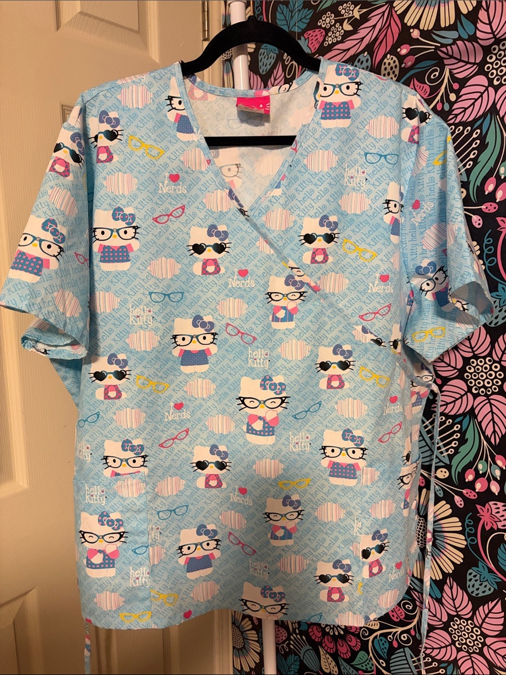Hello Kitty Light Blue Printed Scrub Top with Glasses Motif